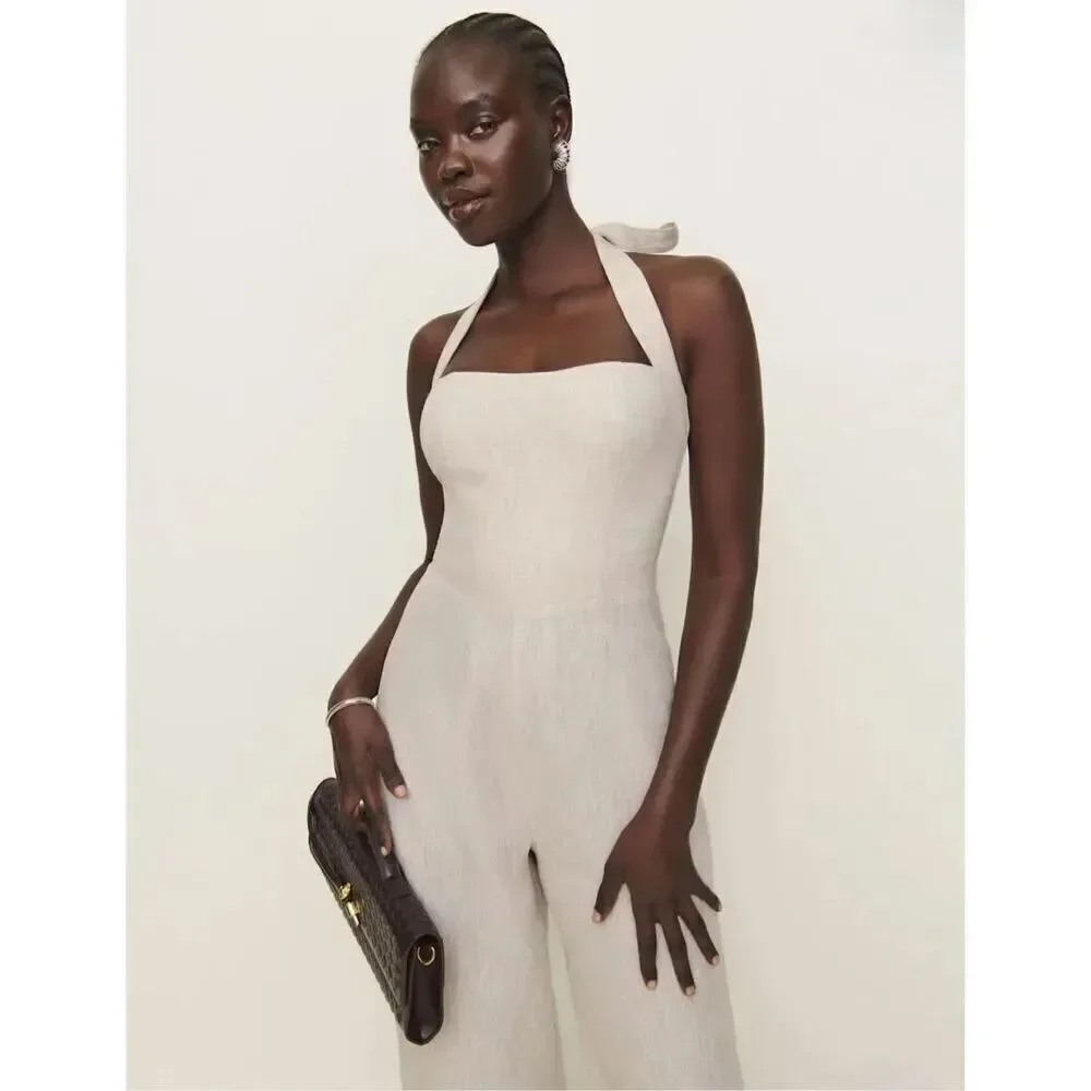Malika oatmeal romper 100% linen never worn halter top sleeveless wide leg pant